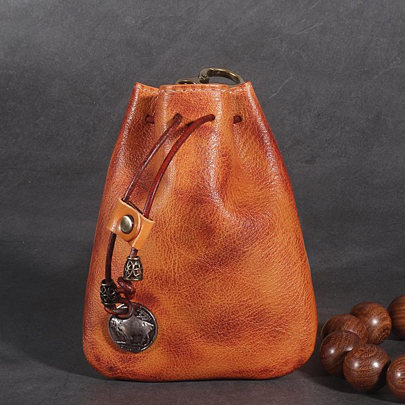 Vintage Cowhide Coin & Key Pouch - Waist Bag with Drawstring Storage