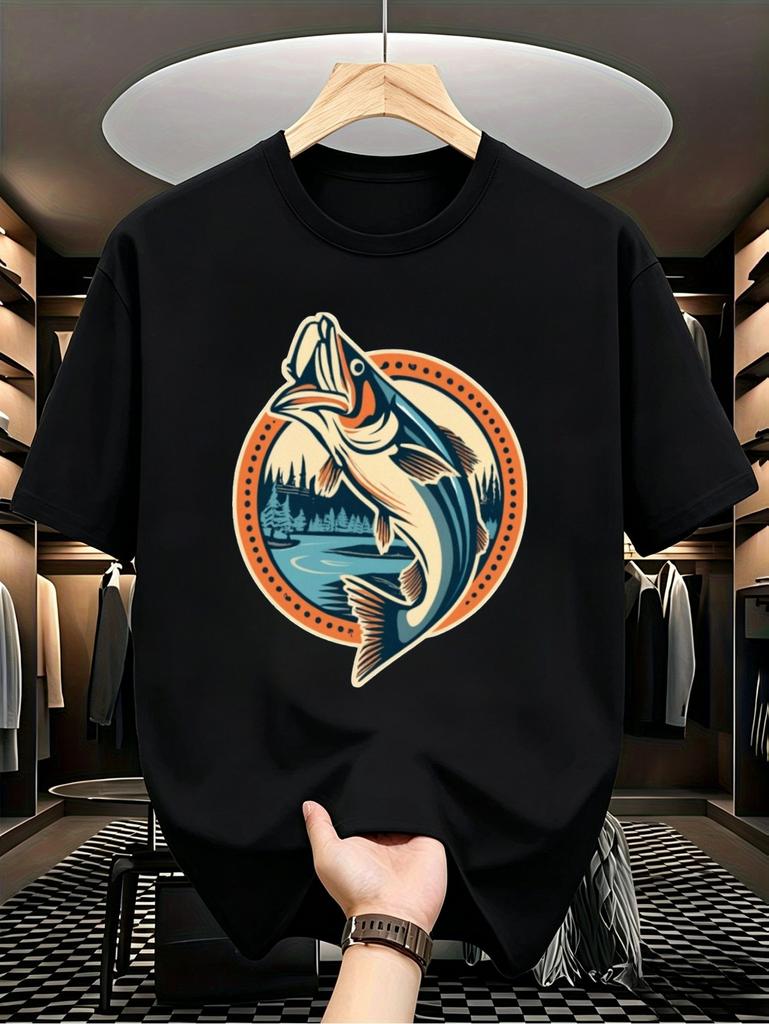 1pc Male Graphic T Shirt Retro Style Leaping Fish River Landscape Short Sleeve Crew Neck for Teenagers, for Teenager