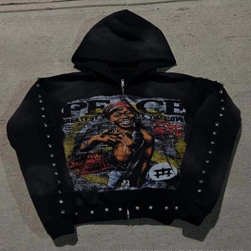 

European and American street printed zipper design for men s and women s loose and trendy hooded sweatshirt XL чорний