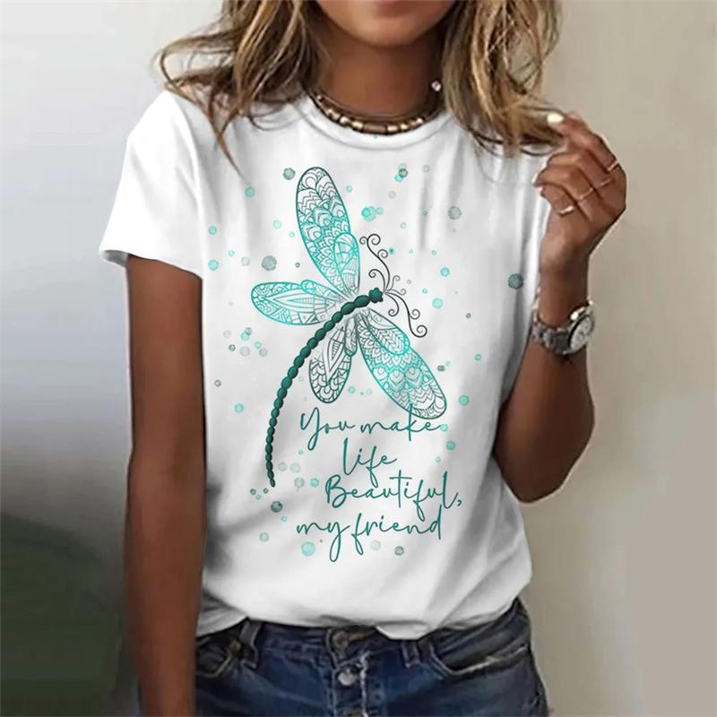 3D New Flower Dragonfly Printed Women's T-shirt Women's Summer Street Beautiful T-shirt Short Sleeve