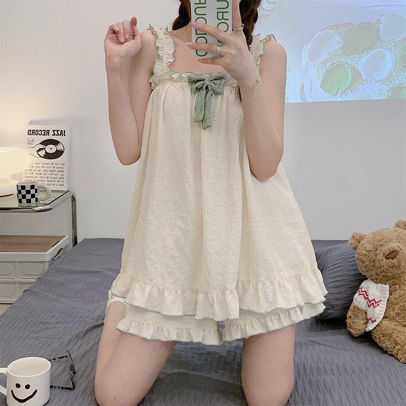 Modne Białe Zestawy Piżamowe Damskie Bez Rękawów Kokarda Letnia Chłodna Słodka Bielizna Nocna Księżniczka Miękka Wygodna Delikatna Dziewczęca Odzież Domowa Damska