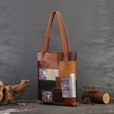 Handmade Cowhide Women's Bag, Retro Splicing, Large Capacity Tote Bag, Leather Simple Handbag, Contrasting Color Commuting Shoulder Bag