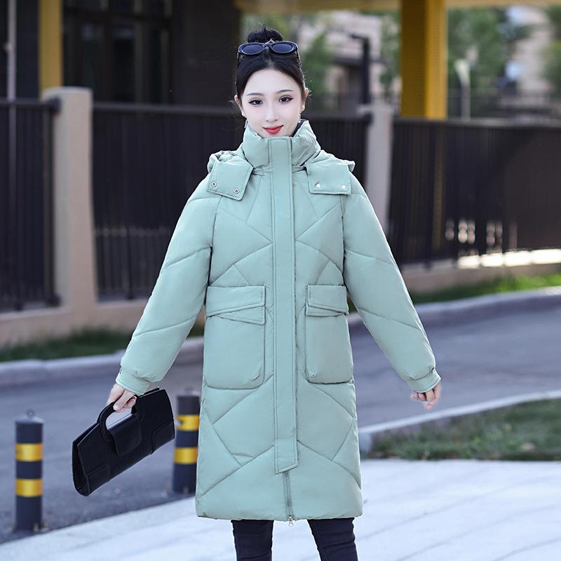 

Женская куртка на пуху, средней длины и длинная, до колена, новый зимний стиль 2025, корейская свободная и толстая куртка на хлопковой подкладке XXXL