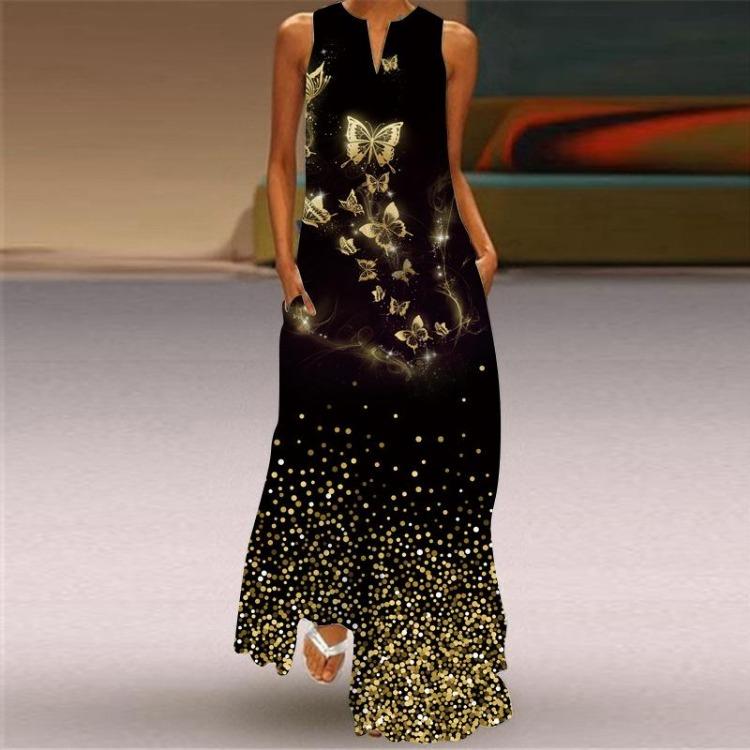 Summer Women Casual Beach Vacation Fashion Clothing Sleeveless Long Dress Retro Sexy V Neck Print