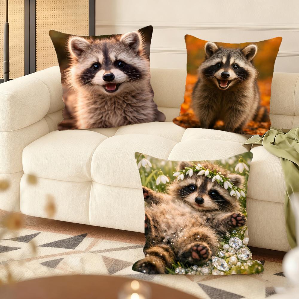 Raccoon Cushion Cover Silky Short Plush Sofa Pillow Cover Hidden Zipper Soft Dustproof Case For Home Decor
