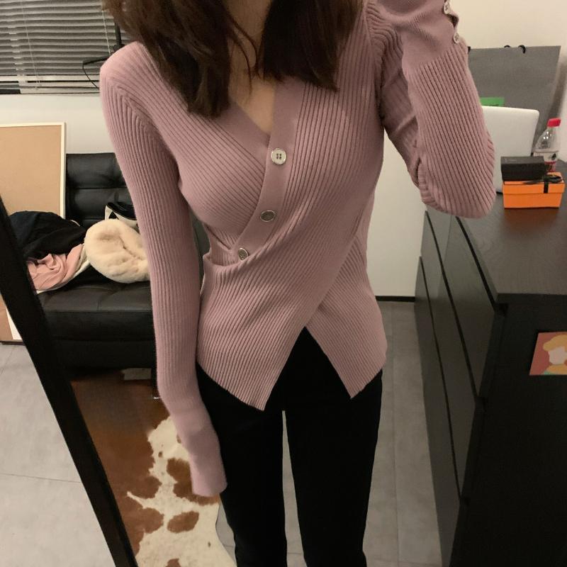 Autumn Long Sleeve Casual V-neck Pullovers Sweaters Women Chic Cross Slim Fit Women's Knitted Sweater Tops Elegant Solid Fashion Winter Jumpers 25667