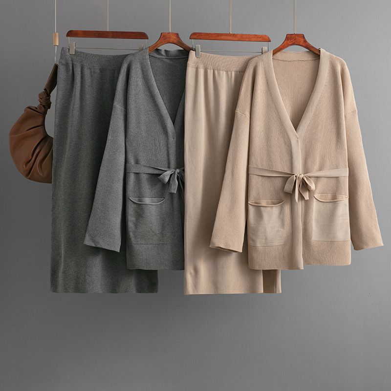 Fashion Set Women Autumn and Winter V-neck Loose Knitted Lace-up Cardigan Outerwear + Skirt Two-piece Set