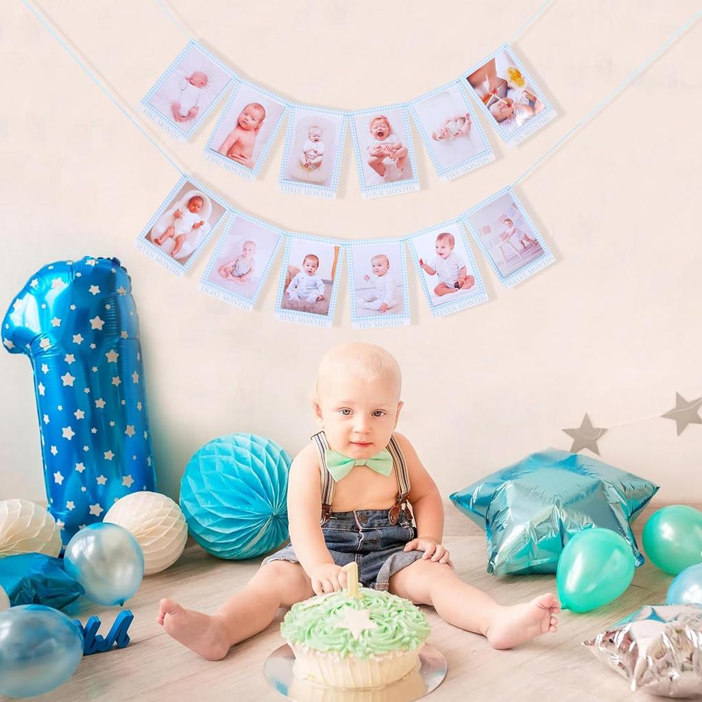Newborn 1 To 12 Months Milestone Decorations - Simple Blue Monthly Banner, First Year Photos Hanging Banner, Boys One Birthday Decor (BLUE)