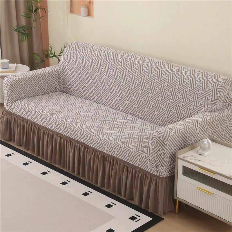 1/2/3/4/5 Seater Jacquard Sofa Slipcover Non-slip Sofa Cover with Skirt Elastic Couch Cover for Bedroom Office Living Room Decor