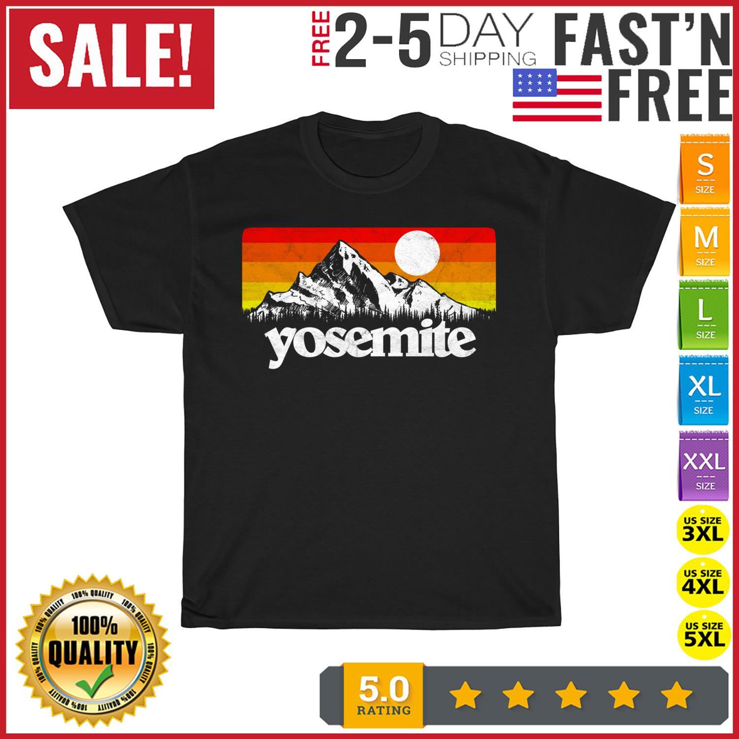 Vintage Yosemite National Park Retro Mountains and Sun Graphic T Shirt Mens Womens Tees Top Men Women 2XL