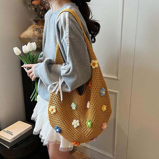 Sac à Bandoulière Bohème au Crochet Sac de Plage Tricoté avec des Fleurs Colorées Sac Cabas Léger Tissé pour Femmes Filles Vacances d'Été Voyage Pique-nique Shopping