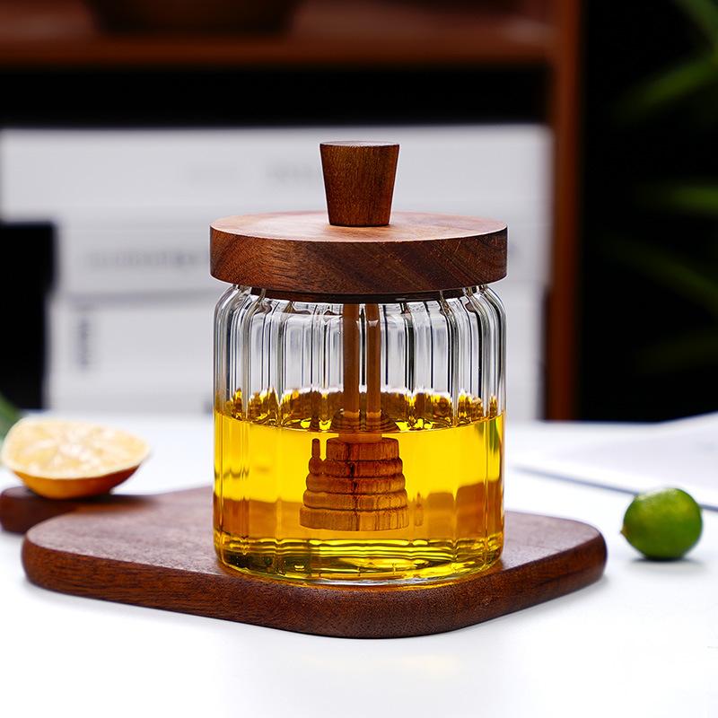 New household thickened honey storage tank with stirring stick Acacia wood cover transparent glass food sealed jar