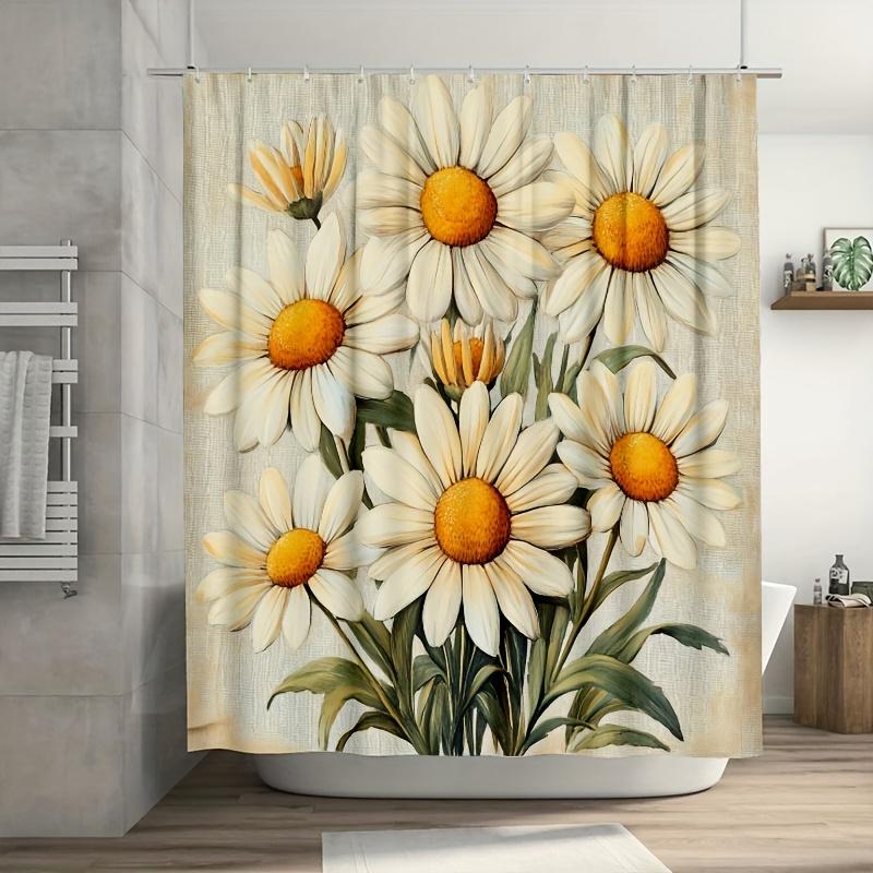1pc Vintage Floral Shower Curtain - Polyester Bathroom Decor with 12 Hooks, Antique Hand-Drawn Daisy Design, Machine Washable