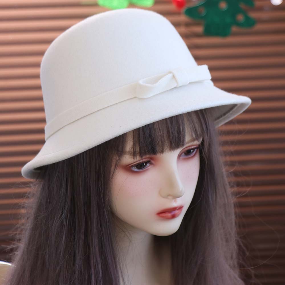 Solid Color Women's Bow Hat French Style Felt Bowler Hat Trendy Bow Tweed Hat Lady