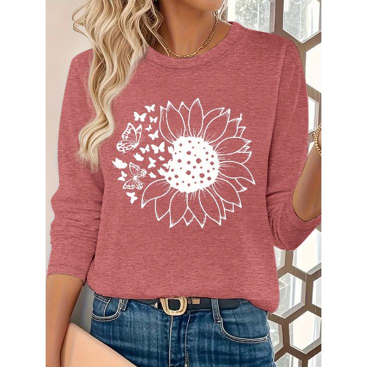Elegant long-sleeved dress for women Sunflower and butterfly print round neck summer dress T Shirt Suitable for spring