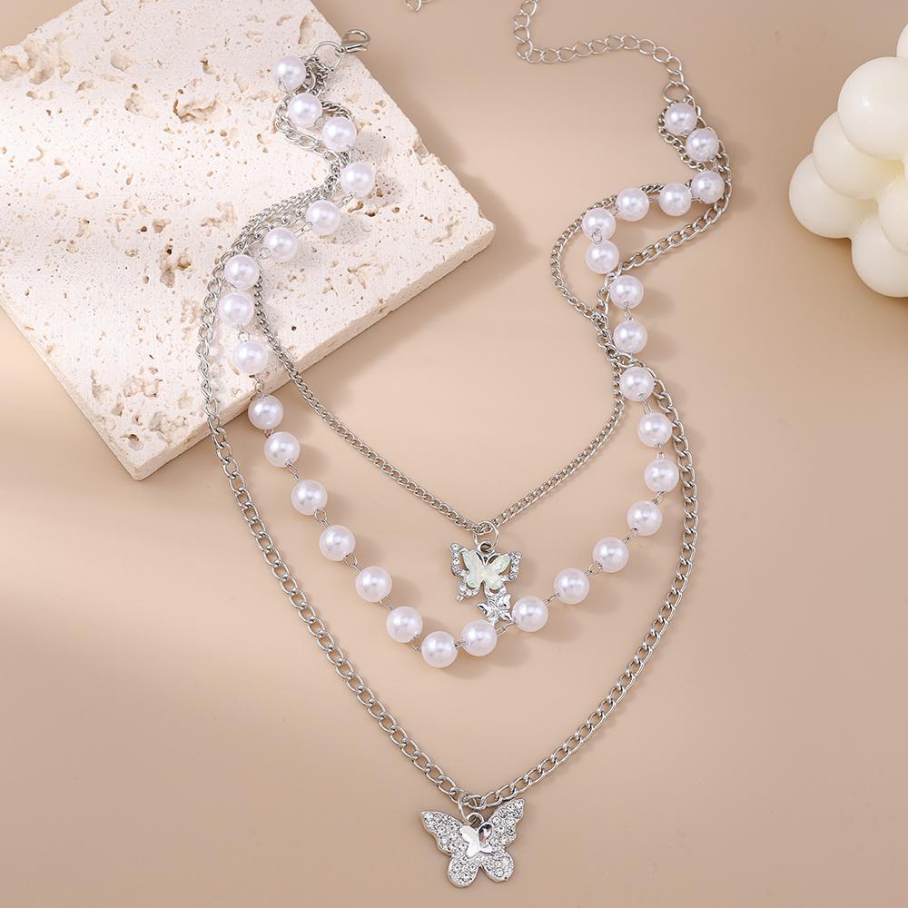Elegant Multilayer Pearls Beaded Choker Necklace for Women Butterfly Pendant Necklace Girls Party Jewelry Gifts