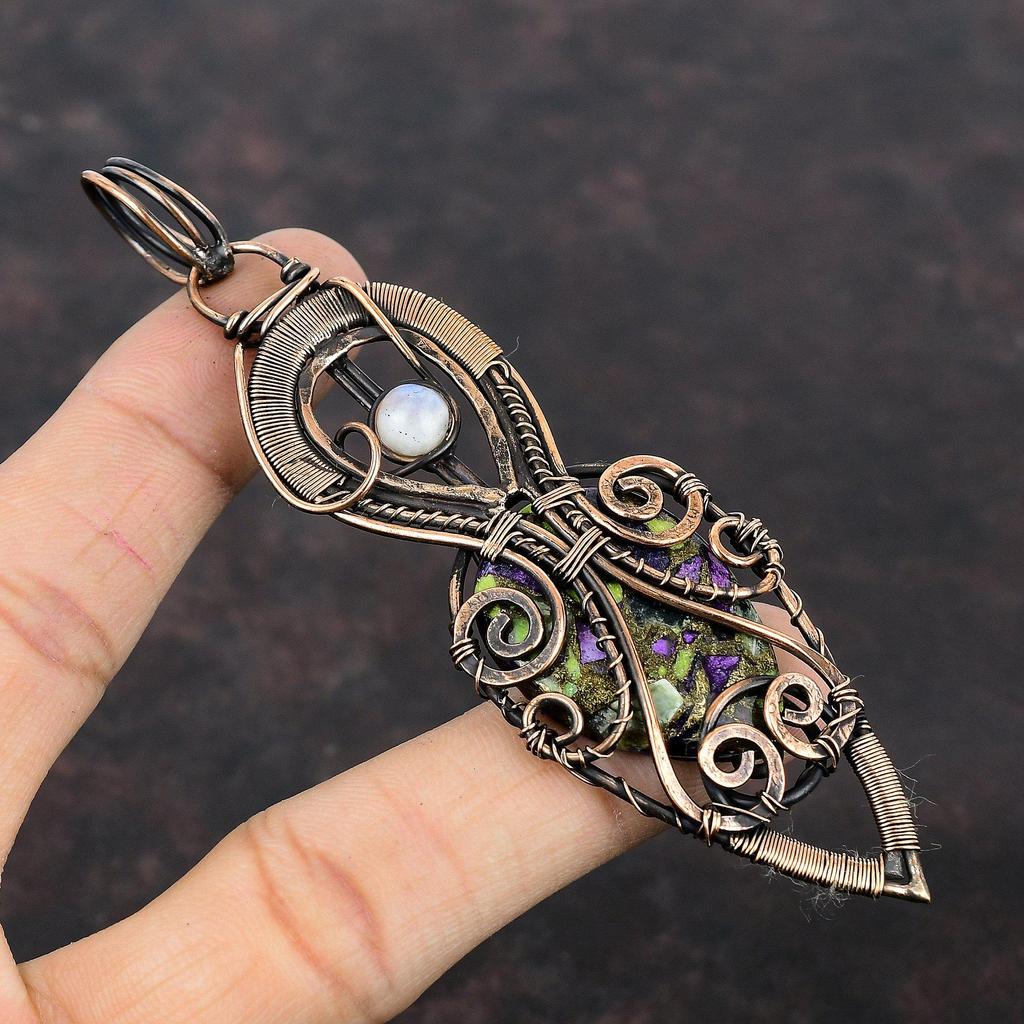 Copper Stichtite Pendant Copper Wire Wrapped Pendant Copper Jewelry Rainbow Moonstone Pendant Handmade Jewelry Gemstone Pendant Gift For Her
