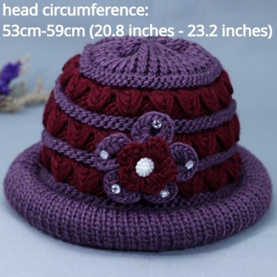 Women Thicken Fleece Line Knitted Cap Rhinestone Flower Two Tone Hat Warm Winter