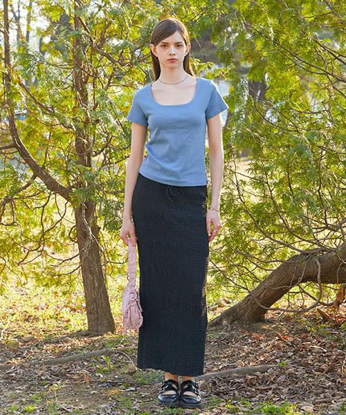 Collet Summer Air Crinkle Slim Fit Flare Long Skirt [Black] 606