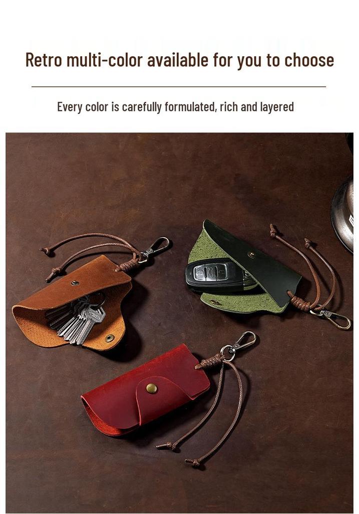 Unisex Crazy Horse Leather Car Key Holder - Retro Cowhide Key Storage Case