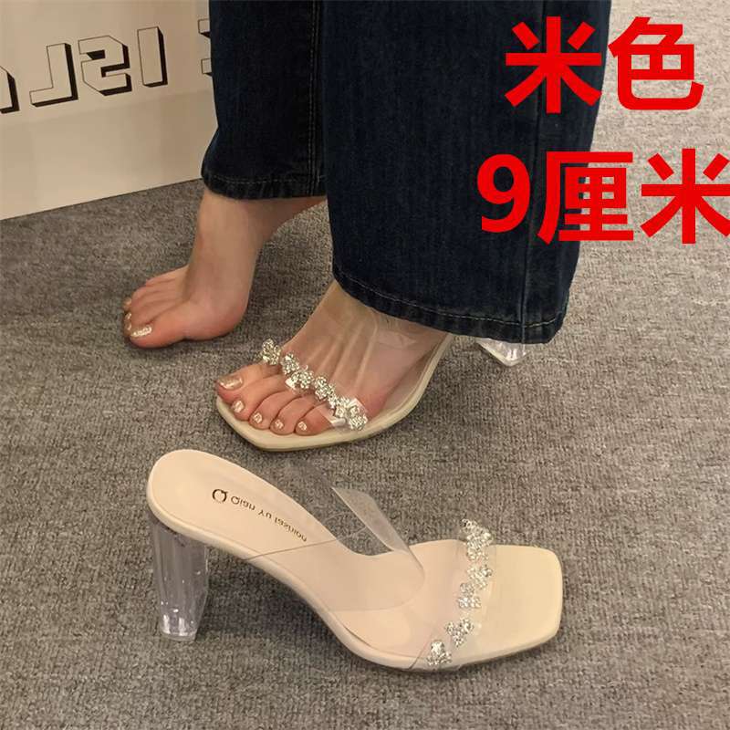 Slippers Female Summer Wear Rhinestone Open-toed Transparent One-word Sandals Crystal Thick Heel High Heels Versatile with Skirt Sandals