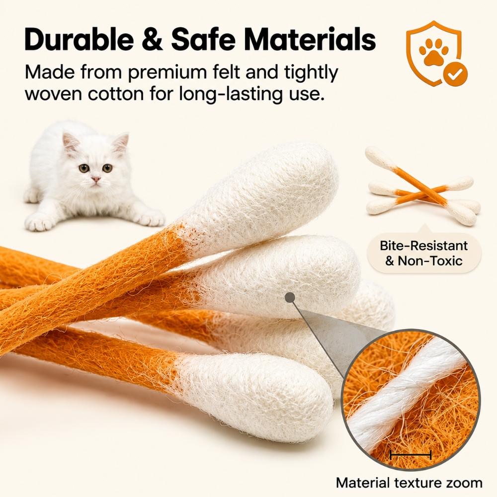 6pcs Wool Felt Cotton Swab Cat Teaser Toy Double End Bite Stick For Indoor Cats Interactive Chew Play Soft Touch Toy For Kittens