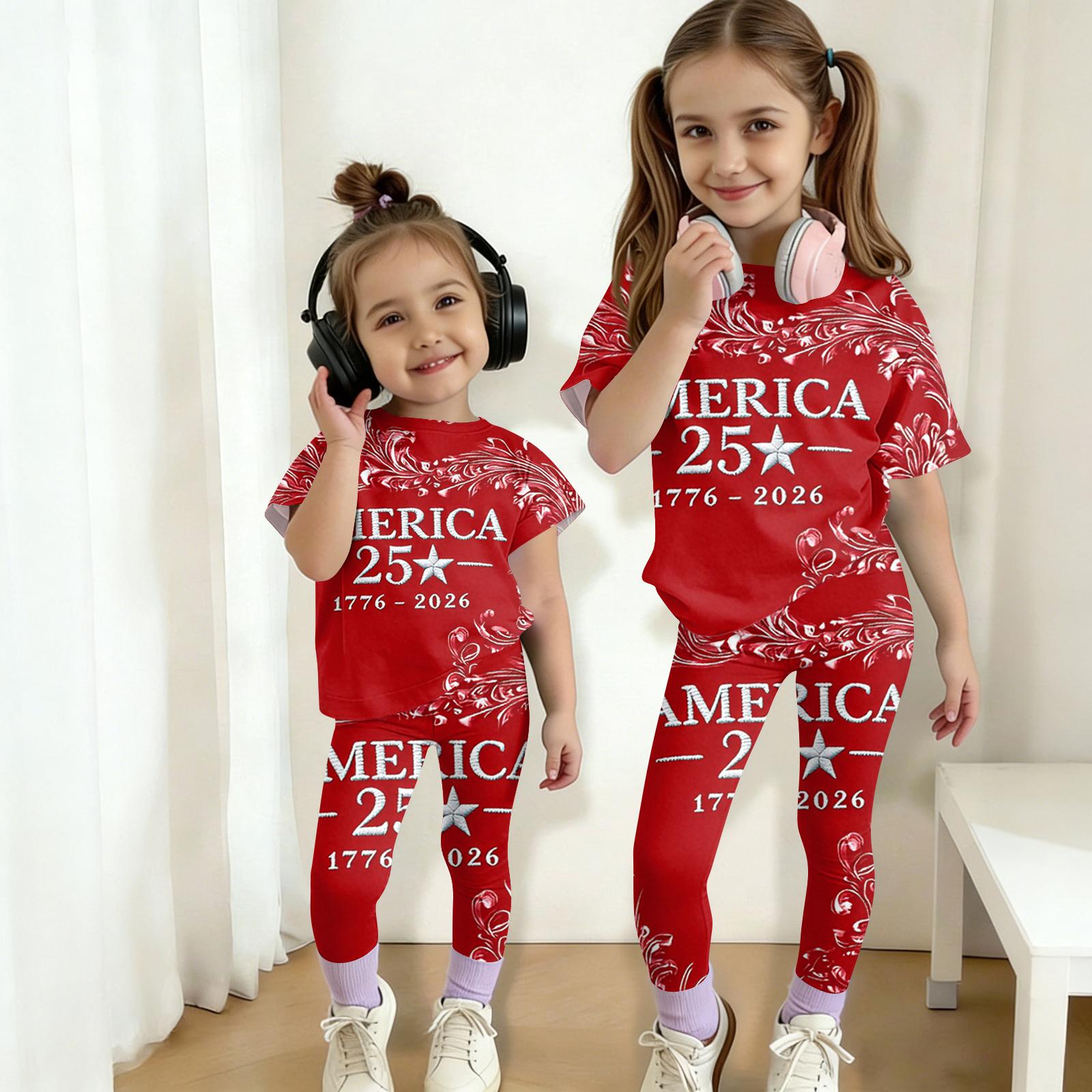 

Набор с принтом ко Дню Независимости для мальчиков и девочек Детский повседневный комплект: топ с коротким рукавом и длинные брюки 150 винный