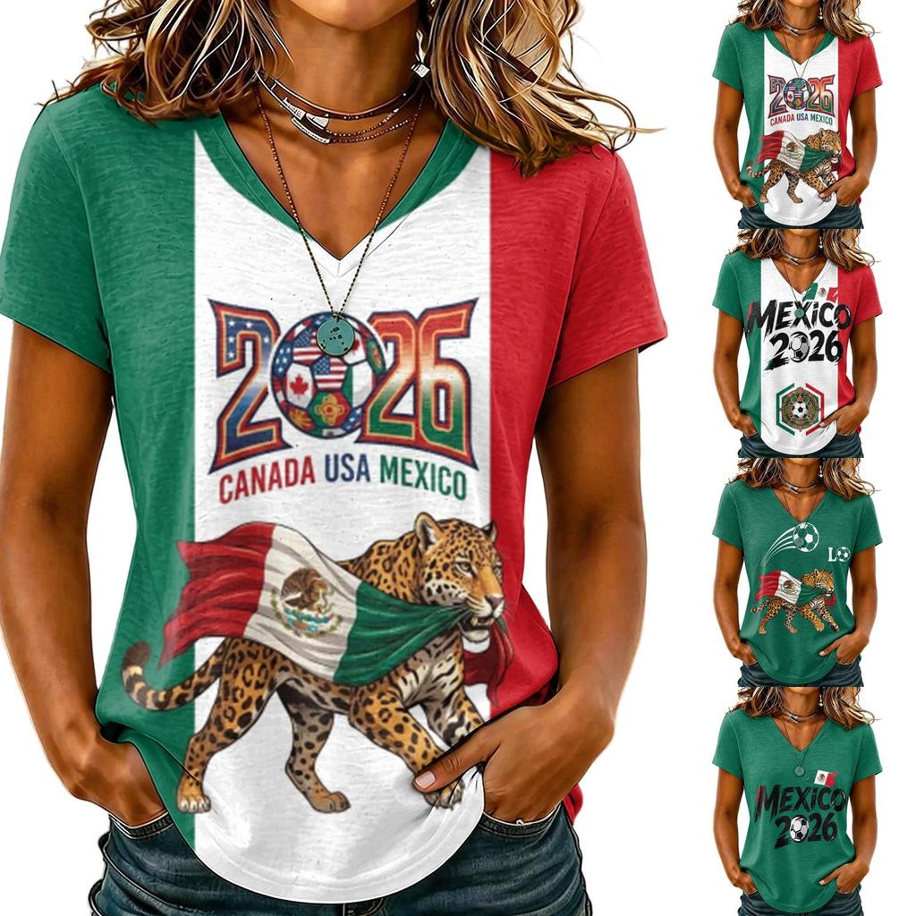 Women's V-Neck Short Sleeve T-Shirt for Mexico Soccer Fan Support