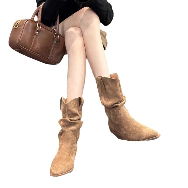 Coarse heel pointed Martin boots women's autumn 2024 new fashion temperament pleated pile boots western short boots