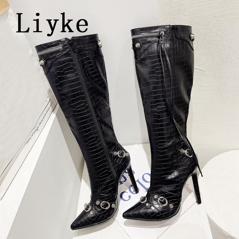 Fashion Liyke 2025 New Sexy Pointed Toe Knee High Boots Women Pole Dance Stiletto Heels Pumps Fashion Tassel Zip Rivet Winter Long Shoes