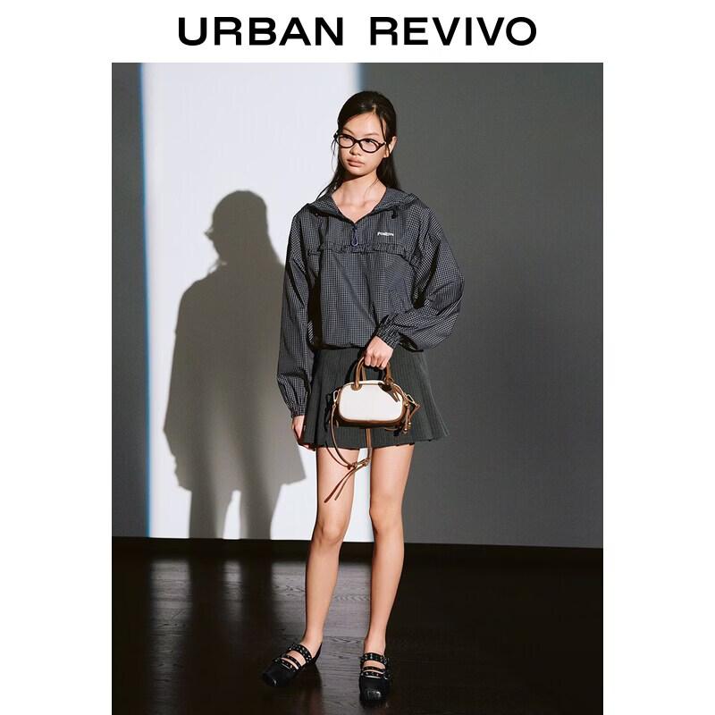 UR 2026 Spring Women's Urban Plaid Embroidered Hooded Blouse