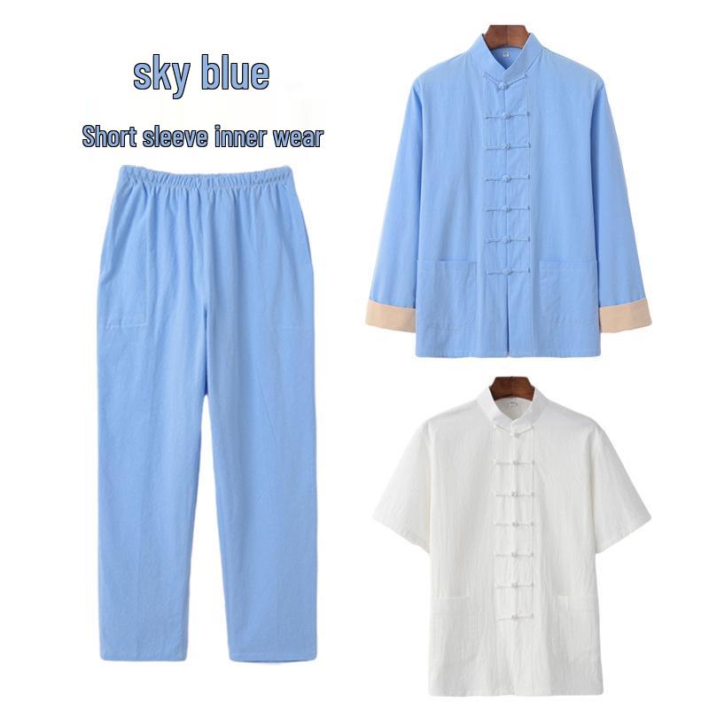 Men's Cotton Linen Three-Piece Tang Suit: Chinese Style Frog Button Hanfu, Retro Lay Buddhist Robe, Tea Attire