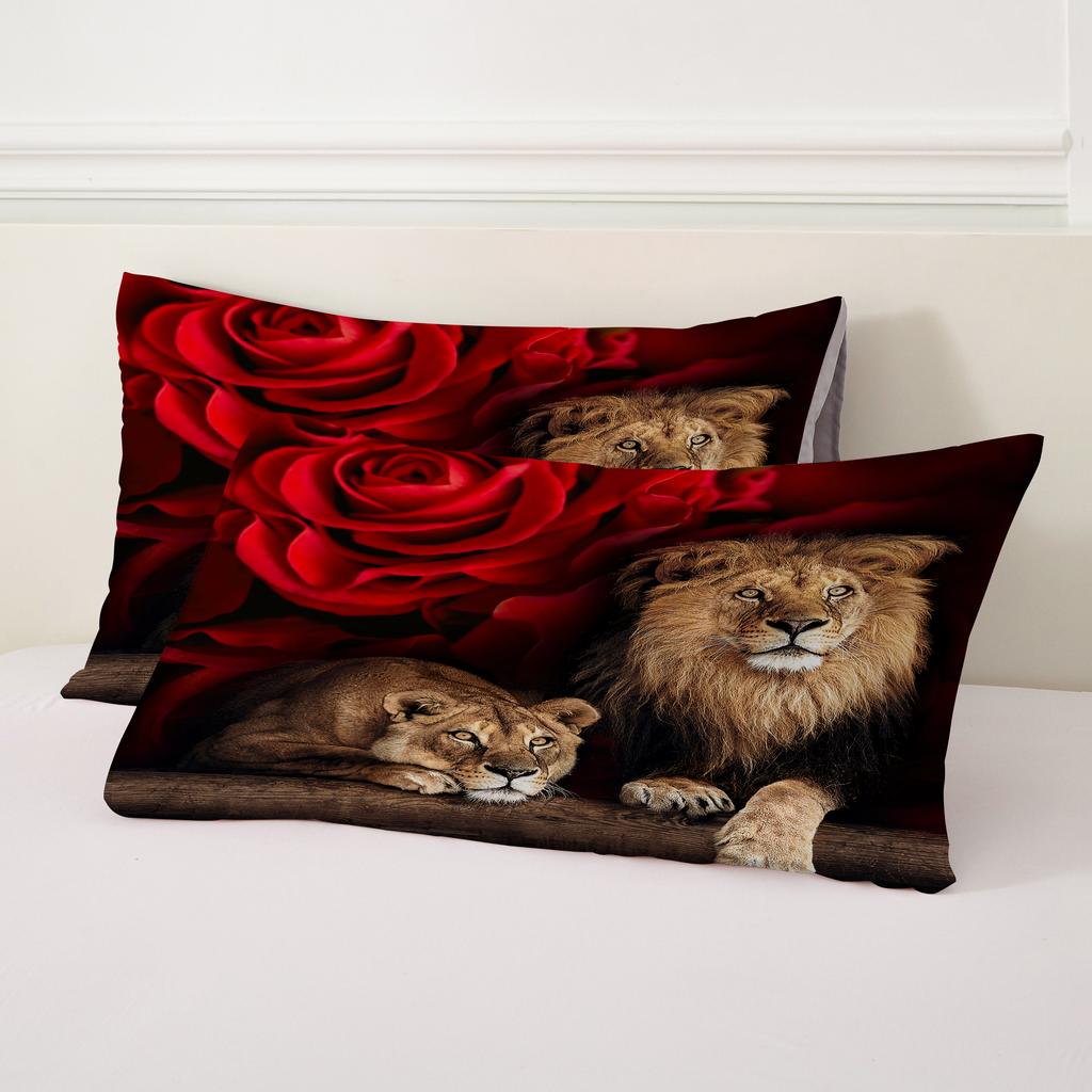 Red Rose Lions 3D Printed Quilt cover set pillowcase Lovely Wild Animals Bedding Set for Kids Teens Adults Wildlife Duvet cover