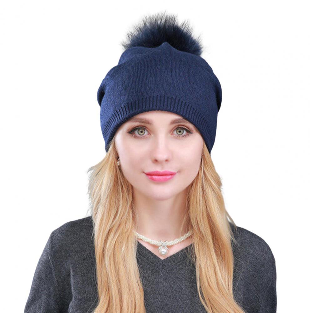 Winter Lady Hat Knitted Thick Stretchy Plush Ball Decor Solid Color Ear Warm Daily Wear Cap Outdoor Skiing Skating He