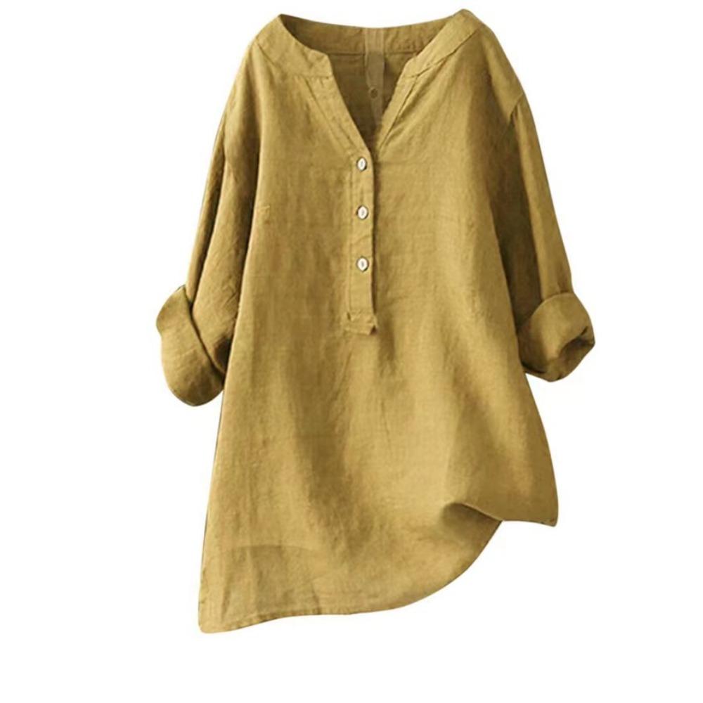 Women's V Neck Long Sleeve Linen Shirt Loose Fit Casual Commuter Blouse for All Occasions