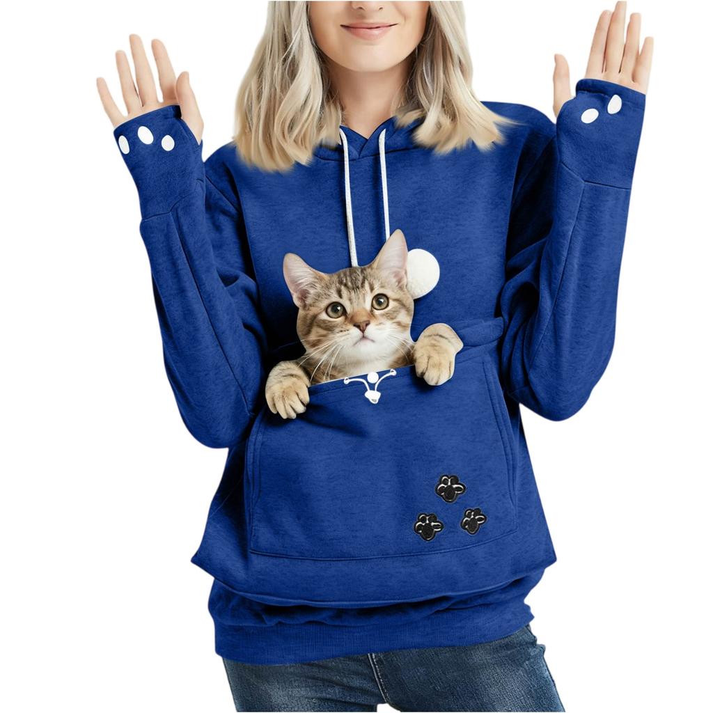 Women's Fashion Casual Top Solid Color Long Sleeve Pet Pocket Hoodie Sweatshirt