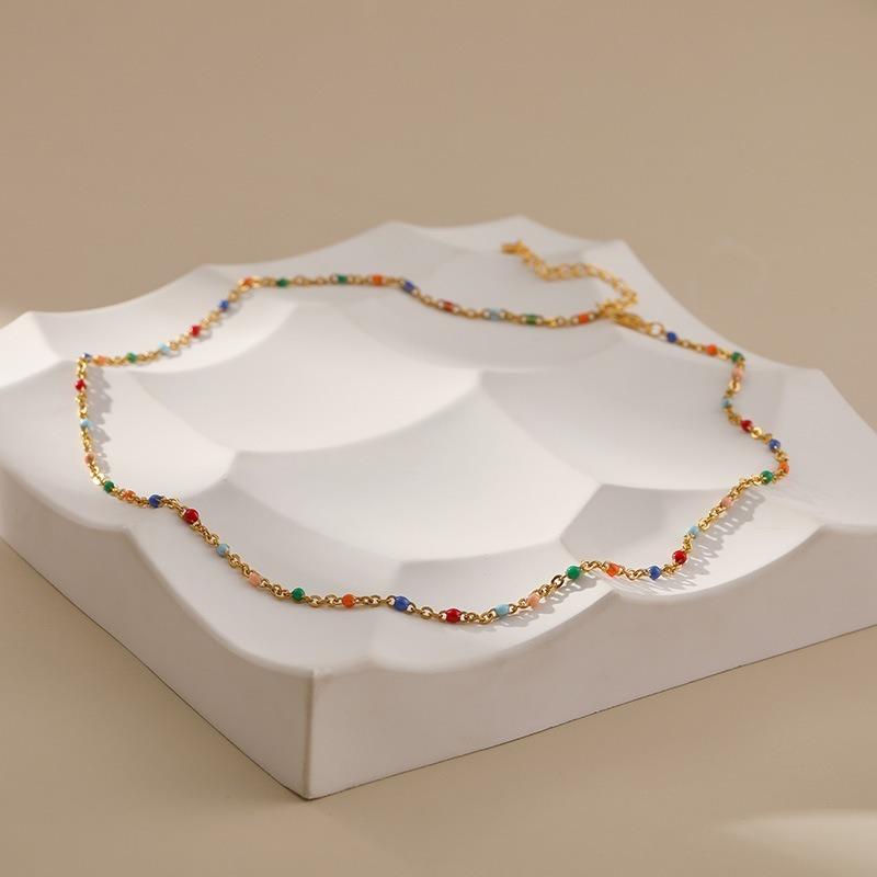 Gold Plated Dainty Mini Rainbow Enamel Bead Station Choker Necklace