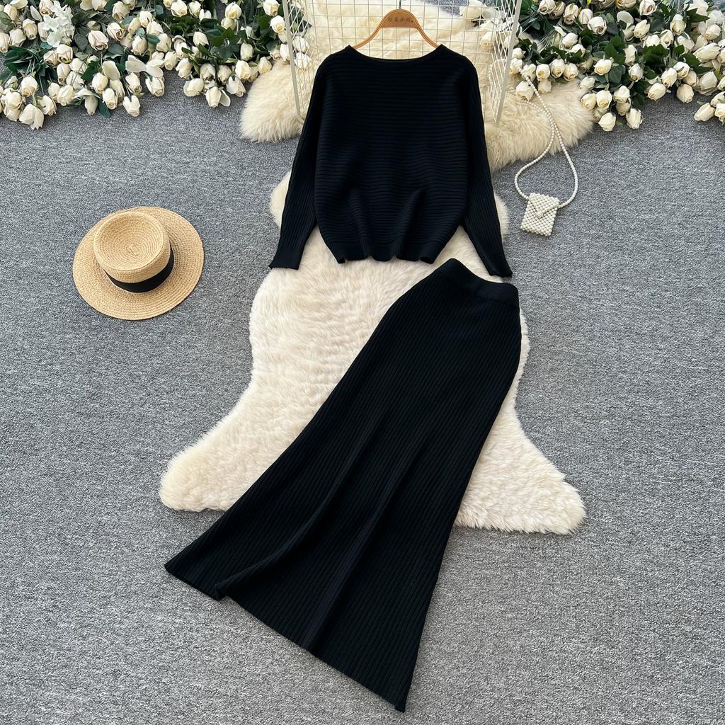 Korean Fashionable Sweater Two Piece Set Woemn's Batwing Sleeve Pullover Jumper Knit Top and High Waist Midi Skirt Sets Casual Knitted 2 Piece Sets