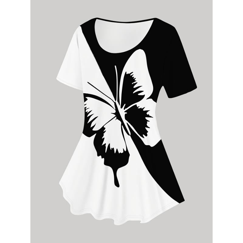 Women's Black and White Butterfly Print Fashion Short Sleeve Cropped Pants Suit