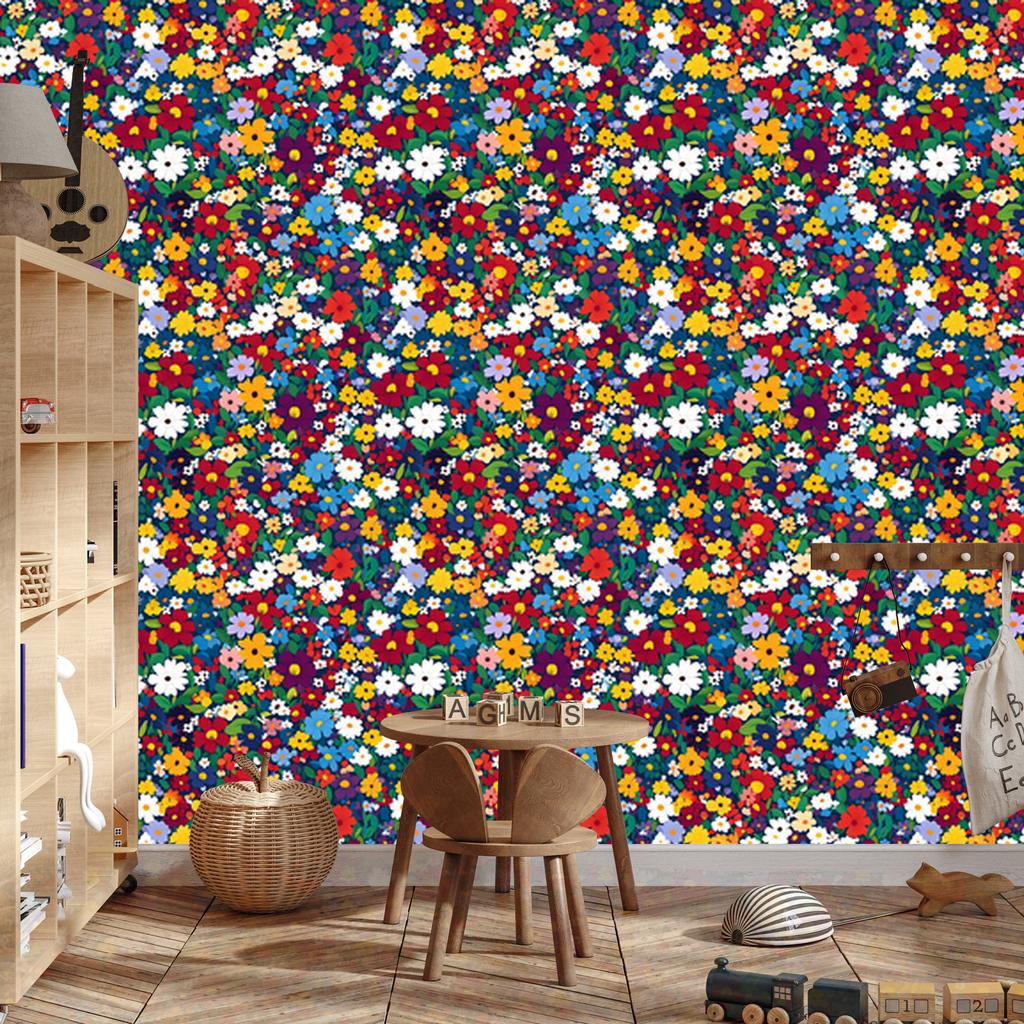 Wallpaper Small Flowers Blue and Red for Living Room and Bedroom 50x1000