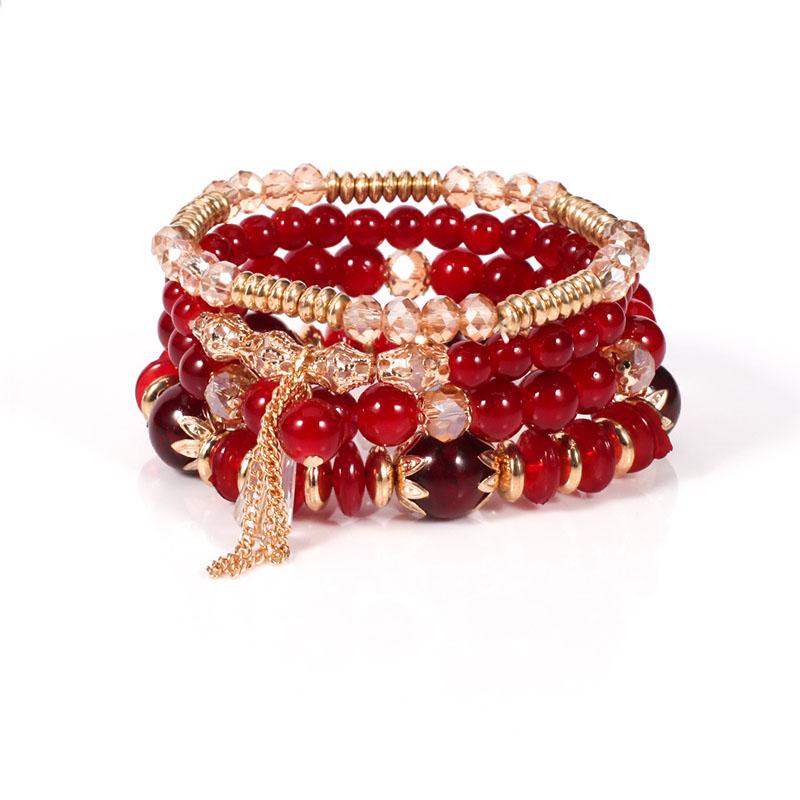 Set Di 4 Bracciali Bohemien Multistrato Con Cristalli E Perline Dorate: Gioielli Elastici Boho Per Donna (Arcobaleno)