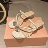 French Medium Heel Slippers Women's Summer Outer Wear 2025 New Fashion High-end Thick Heel Temperament Set Toe Rhinestone Sandals