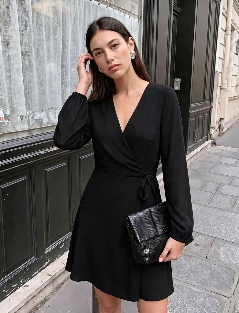 European and American New Satin Dress Women's Long-sleeved Temperament To Cover the Stomach, Fashionable and Thin Solid Color Slim-fitting Skirt