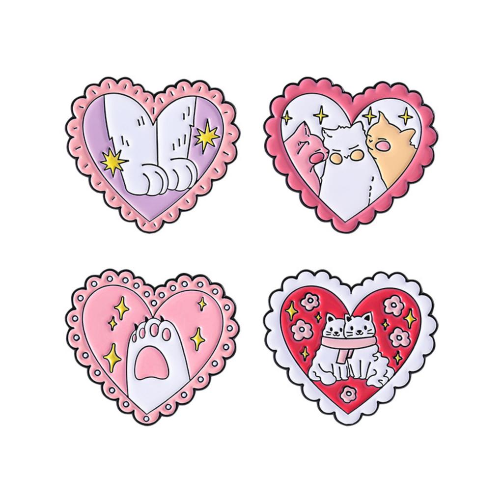 Heart Shaped Enamel Pin Featuring Cartoon Style Paws with Star Accents and Decorative Border Suitable for Accessories and Collectibles