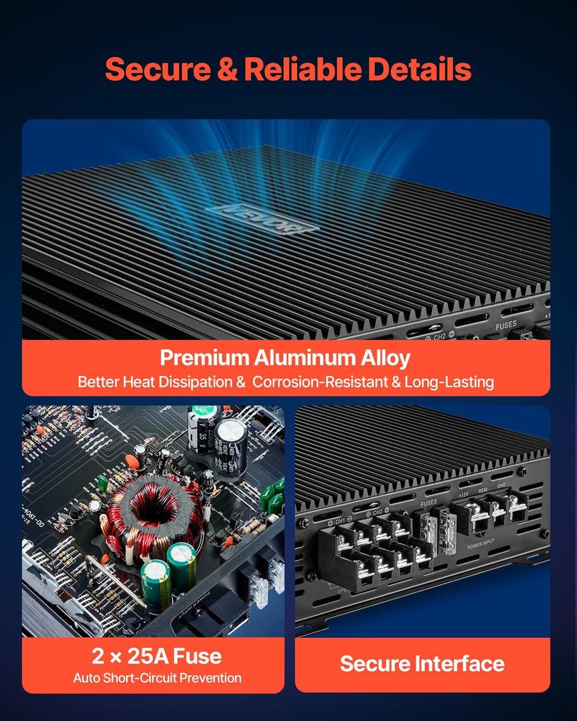 Car Audio Amplifier, 4-Channel Bridgeable Car Amplifier, Multichannel Class AB Stereo Amp, Max. 4 x 200W at 4 Ohms / 4 x 400W at 2 Ohms, High Output,
