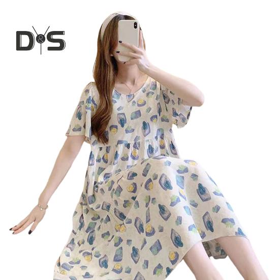 Women Nightdress Loose Floral Print Round Neck Pleated Short Sleeves Knee Length Homewear Casual Midi Dress Lady Nightgown Midi Dress
