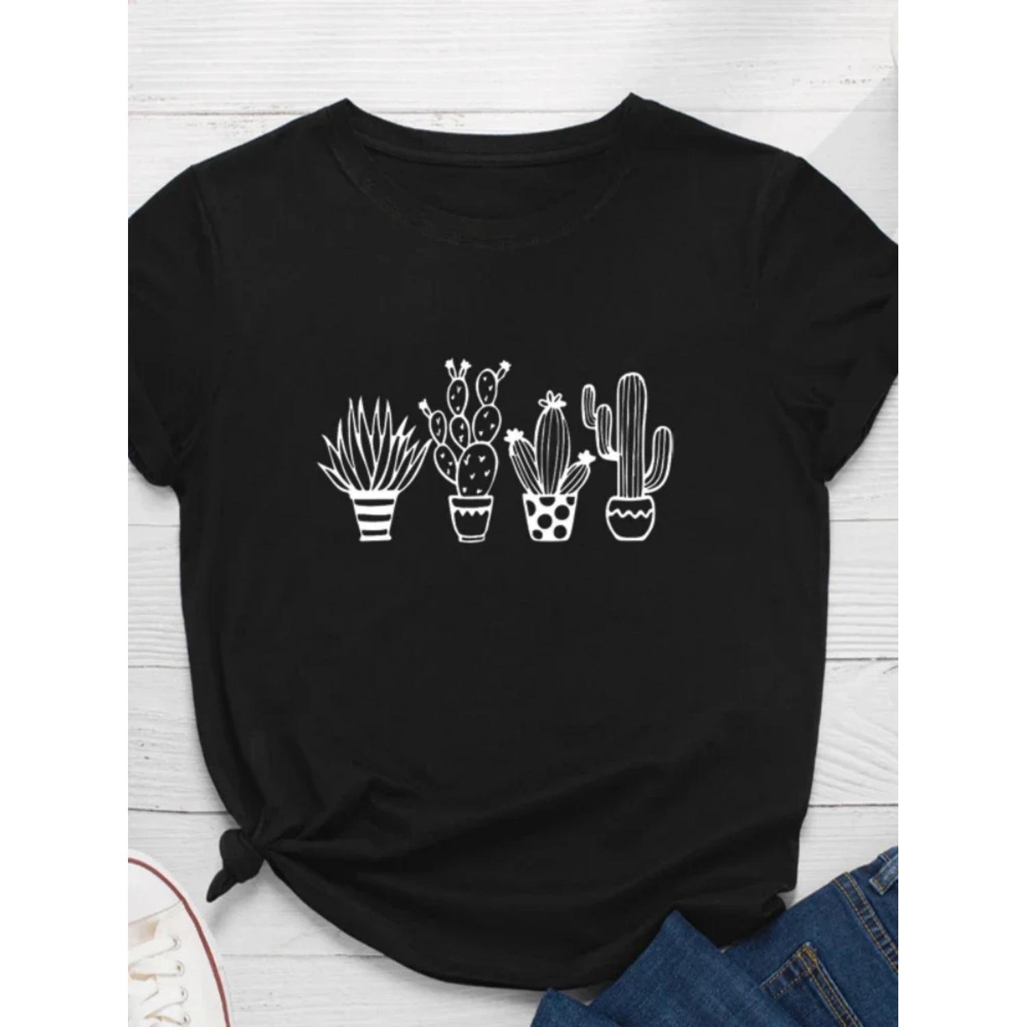 

Растение Принт Кактус Женская Футболка Короткий Рукав Круглый Вырез Свободная Женская Футболка Женская Футболка Топы Одежда Camisetas Mujer S чёрный