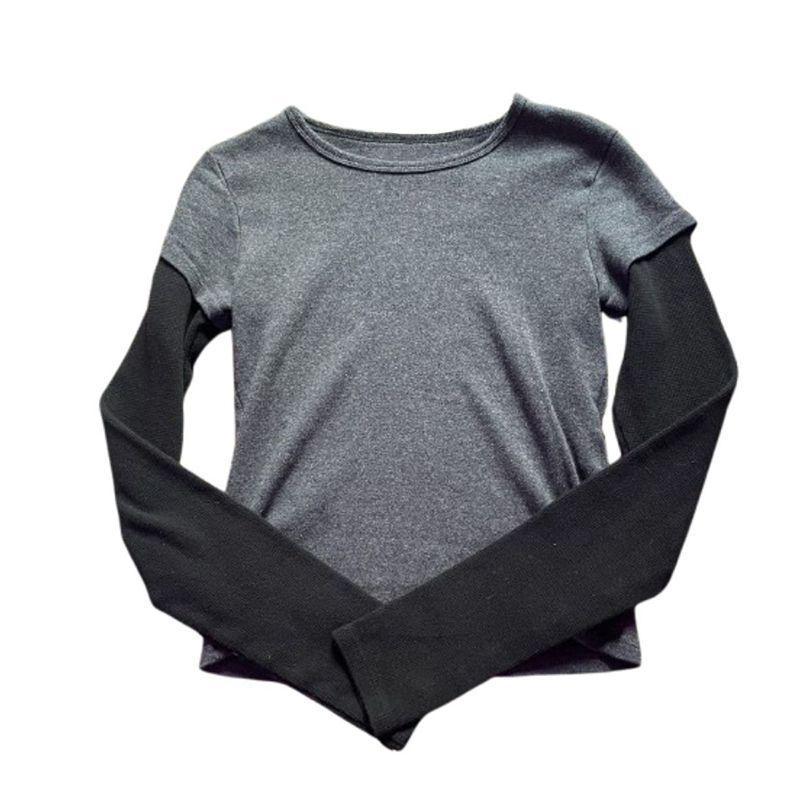 

Women s Slimming Patchwork Round Neck T-shirt - Autumn/Winter Street Style Small чорний колір сірий