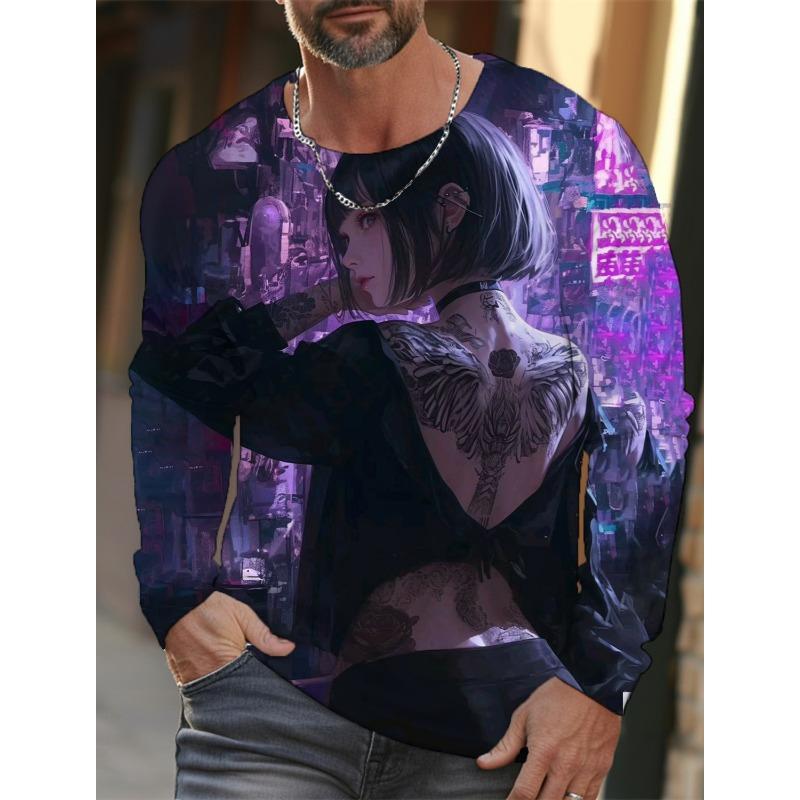 Men's Long-sleeved T-shirt 3D Printing Anime Tattoo Beauty Printing Men's Autumn Tops Casual Round Neck Home Clothes Pullover