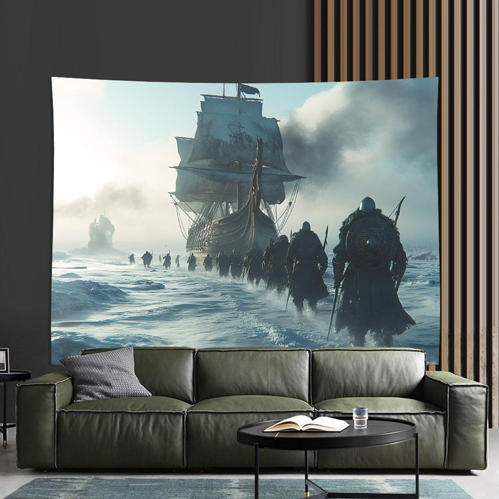 

Viking Warriors and Ships Digital printing polyester wall hanging tapestry decorative Living room bedrooms background gift 74x94cm(29x37in)